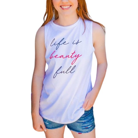 Beauty Elixir Sleeveless Shirt White Tank Graphic Tee ALL SIZES! NWT - Picture 1 of 6